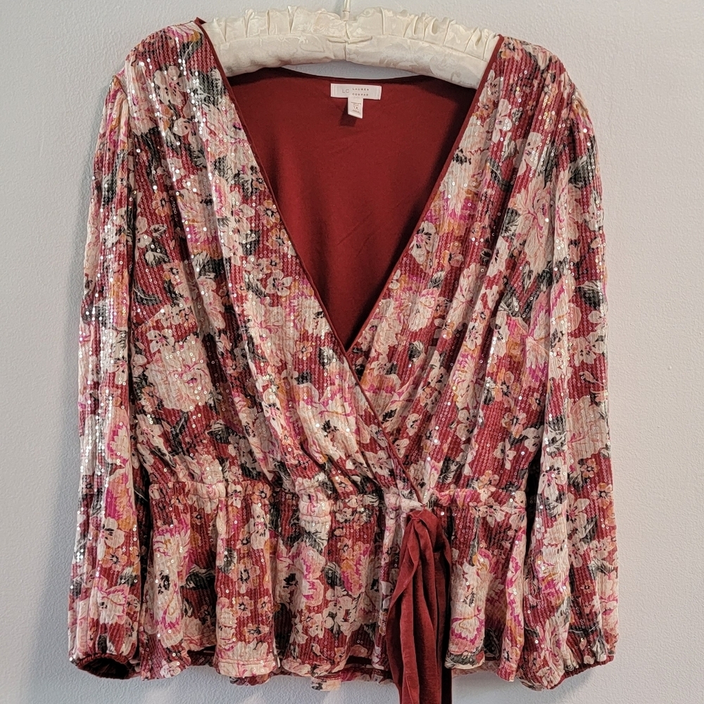 1X Lauren Conrad Shimmer Floral Faux Wrap Fairy Romantic Feminine Ruffle Sequin